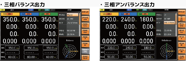 三相を独立した制御（アンバランス出力・単相3ch）が可能